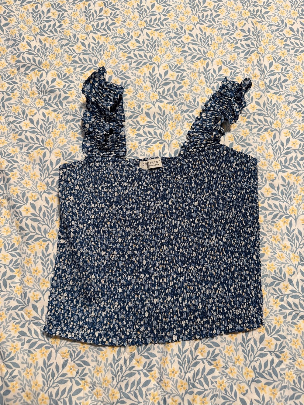 Like New Navy Blue Floral Smocked Ruffle-Strap Camisole